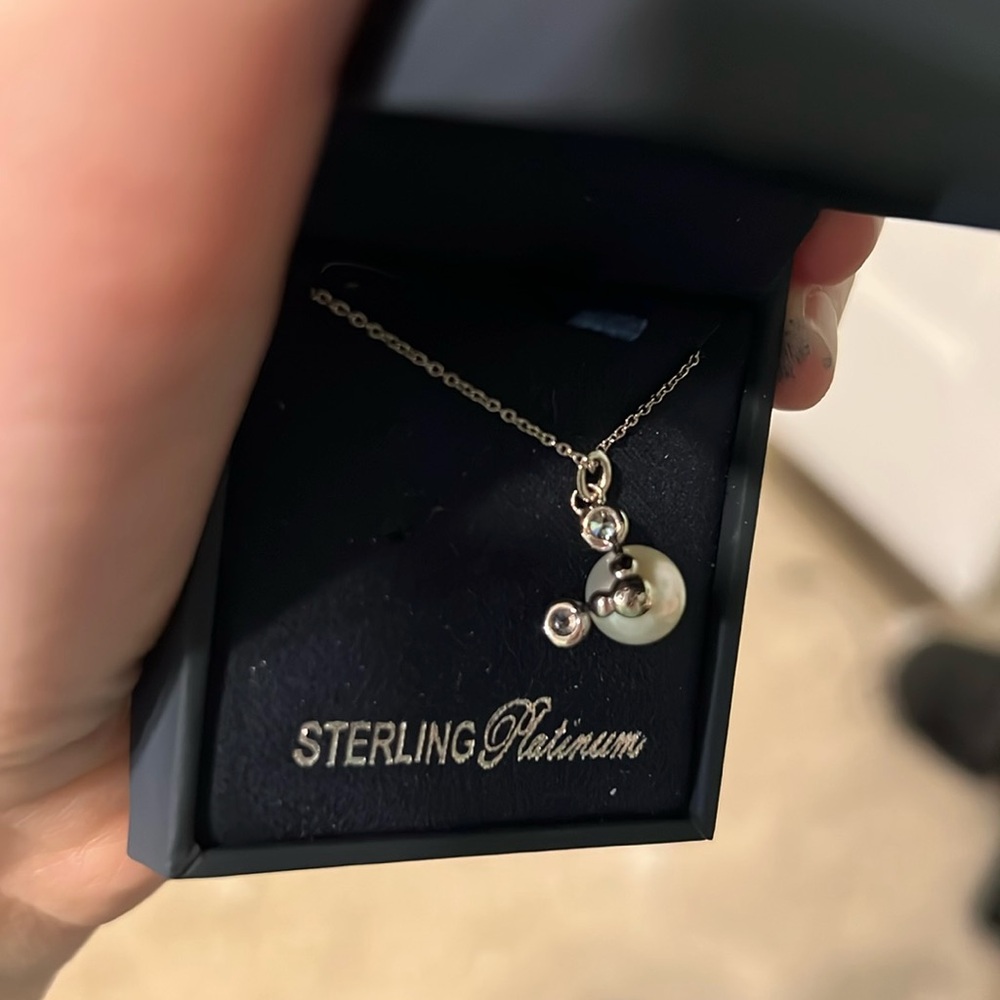 Disney Parks Crislu Sterling Platinum Pearl Necklace | Brand New